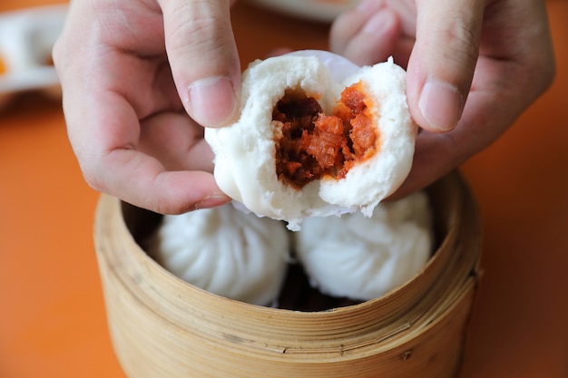 Dim sum on wood basket, Chinese food