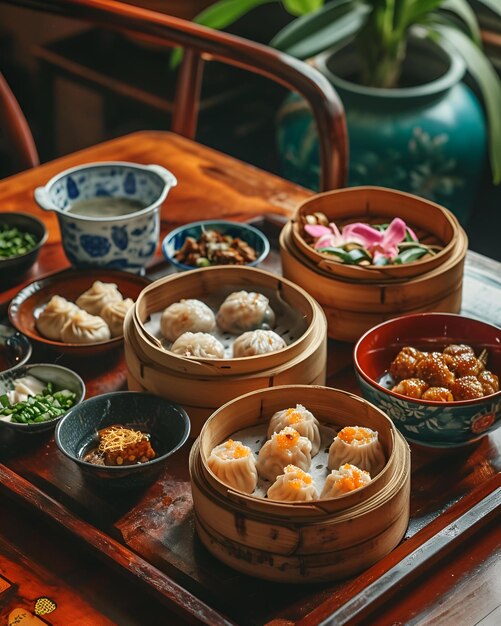 Dim sum wordt geserveerd op een eettafel