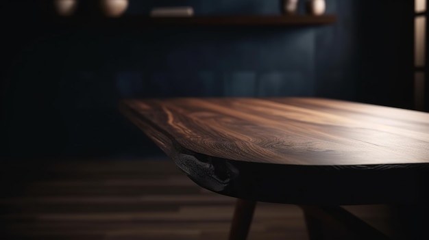 ぼやけたリビングルームに現れる薄暗い木製のクレンジングテーブルAIが生成したクリエイティブリソース