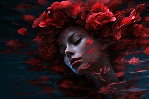 dimensional female head with red flower petals