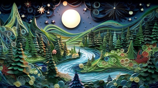 Dimensional paper quilling Night Vast landscape generated by AI