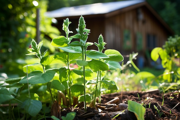 Diminutive bean plant blossoming amidst the