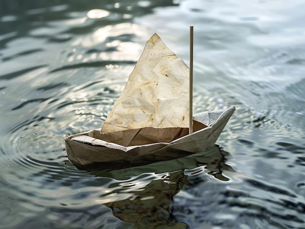 Photo a diminutive homemade raft constructed of popsicle sticks and a mushy paper sail set adrift in a ba