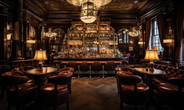 A dimly lit bar with leather chairs and a chandelier