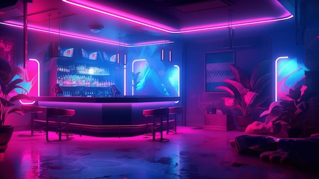 A dimly lit bar with neon lights and a plant in the corner generative ai