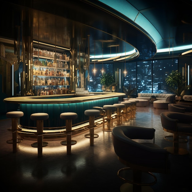 dimly lit bar with stools and a bar counter in the middle generative ai