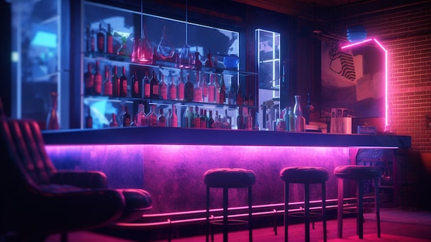 Foto a dimly lit bar with stools and a neon sign generative ai