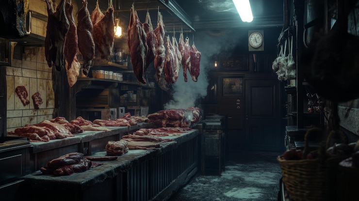 Photo a dimly lit butcher shop with hanging carcasses fresh meat on the counter