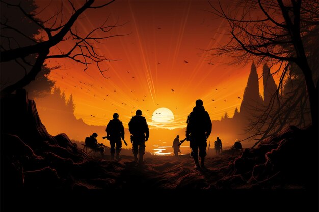 Dimly lit by the orange night two silhouettes bear the weight of war