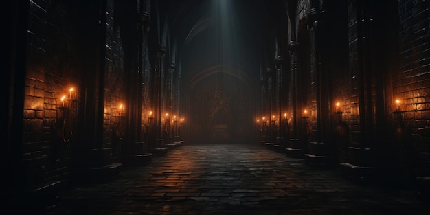 Тускло освещенный коридор в готическом здании Подходит для жутких или загадочных тем Может использоваться для проектов Хэллоуина или ужасных дизайнов