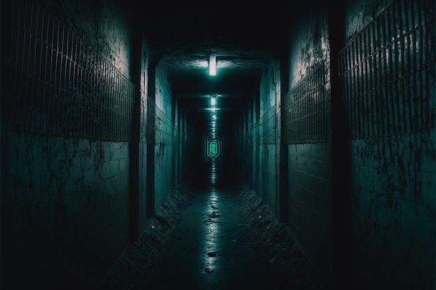 a dimly lit hallway with a dark green light at the end generative ai