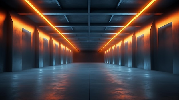 a dimly lit hallway with orange lights and concrete floors generative ai