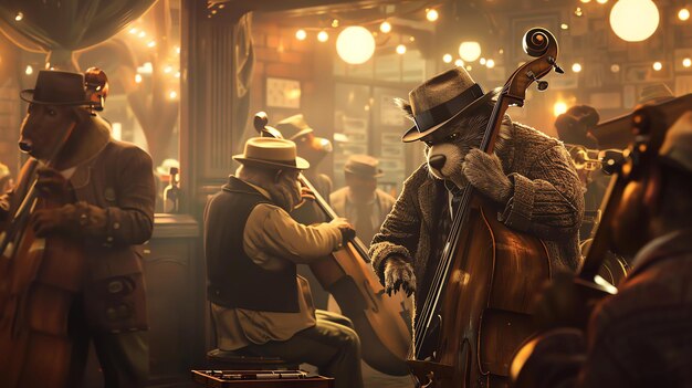 Photo a dimly lit jazz club is the setting for a group of anthropomorphic animals they are dressed in 1940s attire and are playing jazz music