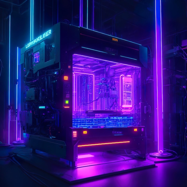 In a dimly lit laboratory a hightech computer chip gleams under the soft glow of neon light