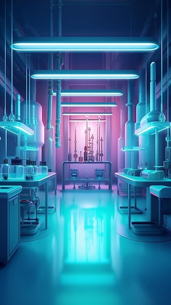 A dimly lit laboratory with a neon light and a window generative ai