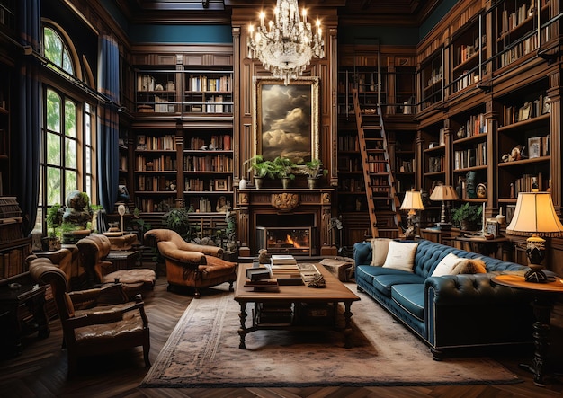 dimly lit library blue couch chandelier rich details peaceful wooden mansion adventurer setting