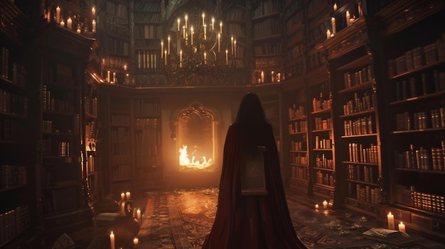 魔法の城の暗い図書館で 魔法使いは慎重に 細かい巻物を巻き上げます