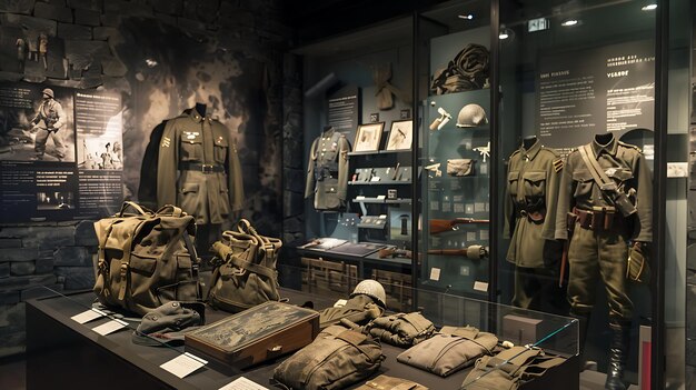 A dimly lit museum showcases a collection of military uniforms weapons and equipment from different eras displayed in glass cases and on mannequins