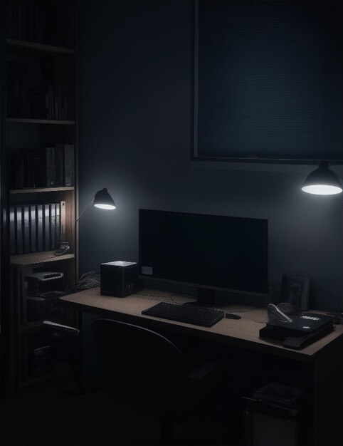 A dimly lit office with a computer desk and monitor