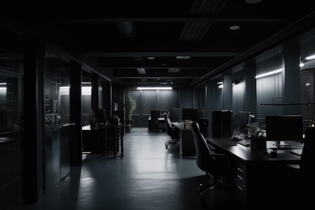 Photo a dimly lit office with desks and chairs generative ai