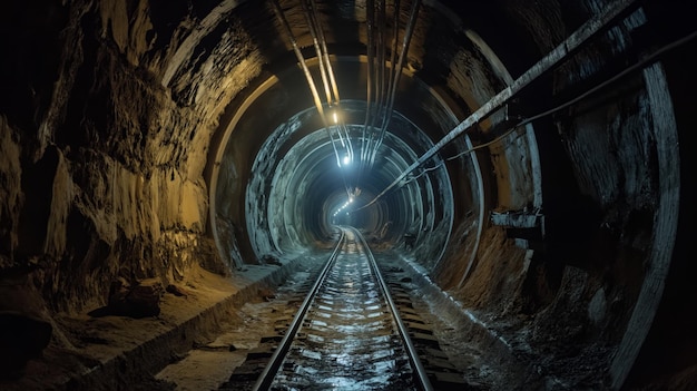 暗く照らされた鉄道トンネルが見える線路と反射天井灯で遠くに曲がっています