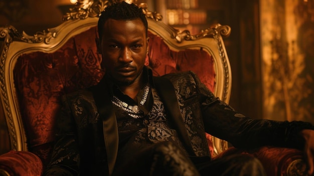 В тускло освещенной комнате красивый чернокожий мужчина сидит на бархатном троне в приспособленном костюме с