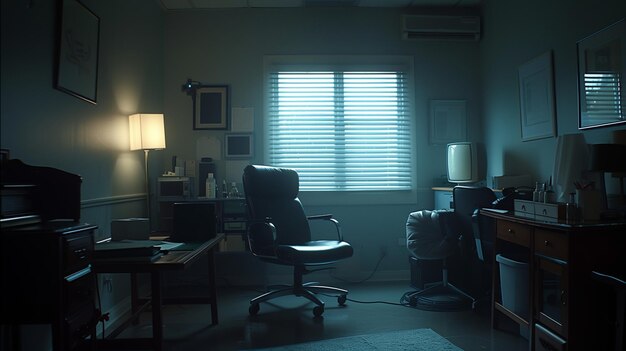 A dimly lit room with a desk chair lamp and window