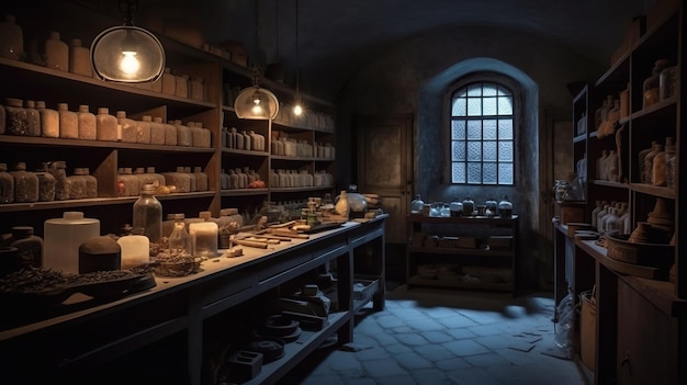 A dimly lit room with many jars and jars on shelves AI generative image Dark academia style