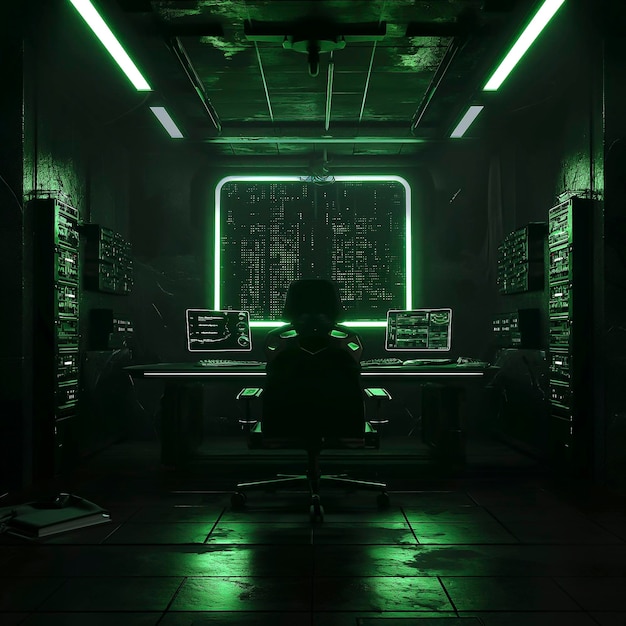 コンピューターデスクに座っている人と暗く照らされた部屋