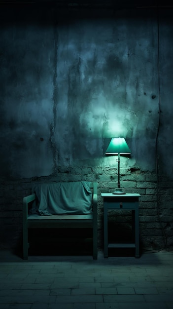 Photo a dimly lit room with a single chair and table