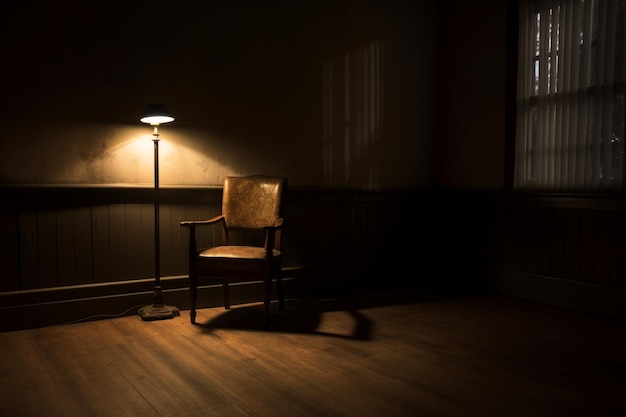 A dimly lit room with a solitary chair mental health