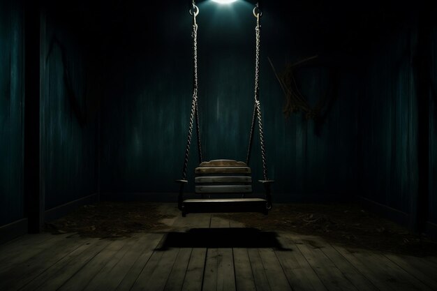 A Dimly Lit Room with a Swinging Seat in the Center Generative AI