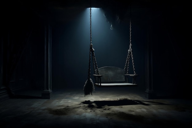 A Dimly Lit Room with a Swinging Seat in the Center Generative AI