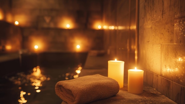 A dimly lit sauna room with warm flickering candles tered around offering a tranquil ambiance in the