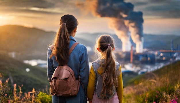 Dimly lit scene depicts a mother and daughter gazing at factory smoke conveying the poignant impact