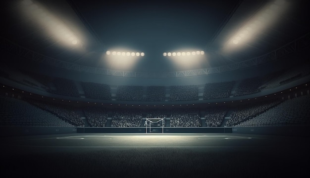 Foto uno stadio scarsamente illuminato con una porta da calcio e una folla generatrice di intelligenza artificiale