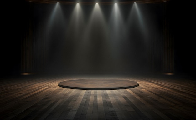 Photo a dimly lit stage with a round wooden table and spotlights generative ai