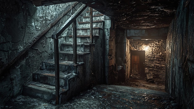 Тускло освещенный подземный подвал с разлагающимися лестницами и дверным проемом