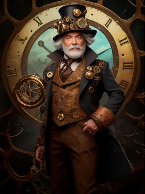 In a dimly lit vintage studio a rugged and eccentric figure stands proudly as a schlocky steampunk