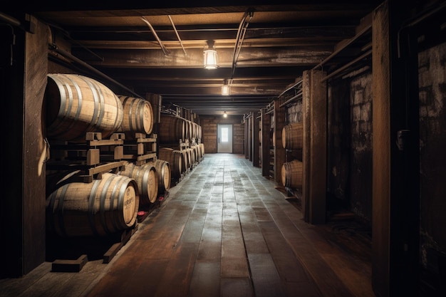 A dimly lit wine cellar with wooden barrels generative AI