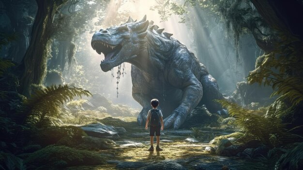 a dinasoure standing towrds a boy