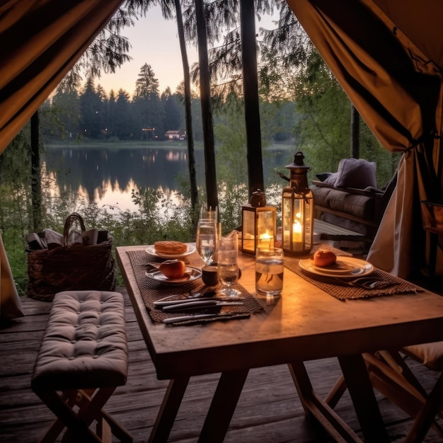 Foto diner bij kaarslicht in de buitenpicknicktent aan het meer
