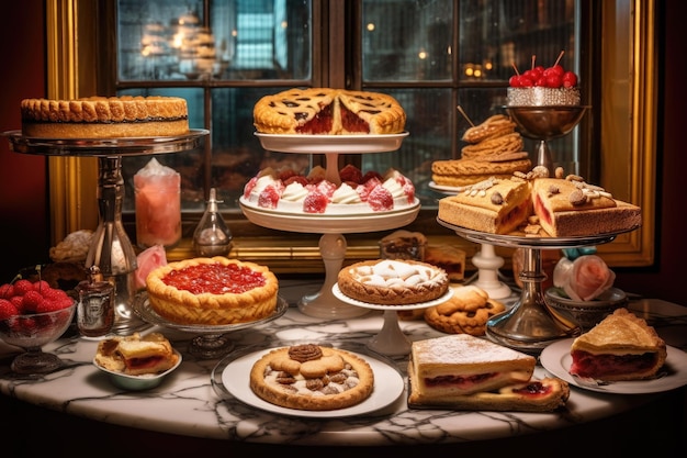 Diner-dessertdisplay met verschillende taarten en cakes gemaakt met generatieve AI