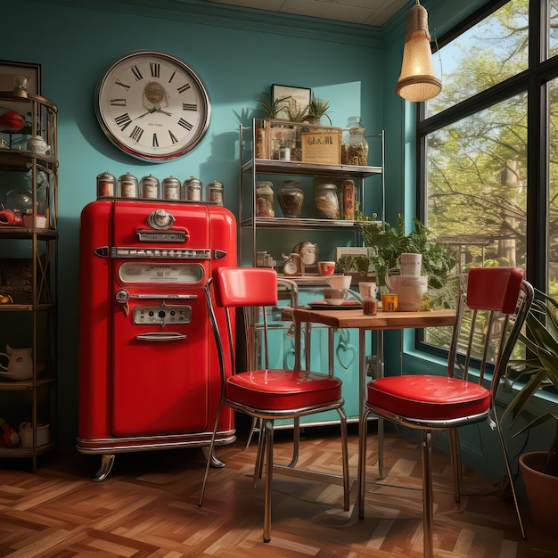 Diner-geïnspireerde kamer met retro sfeer met gedurfde kleuren, geruite patronen en retro dinermeubilair