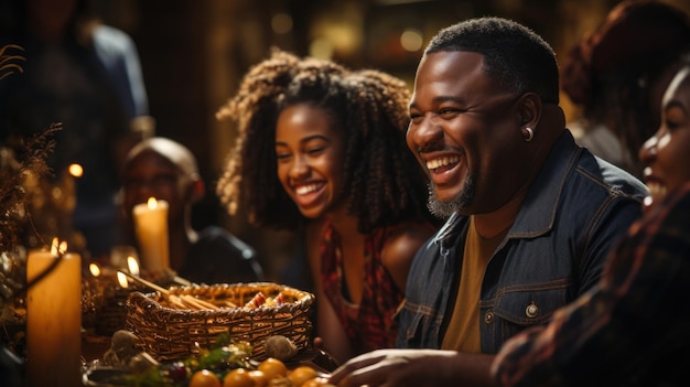 diner samen thuis Jonge Afro-Amerikaanse man en vrouw zitten aan tafel en glimlachen