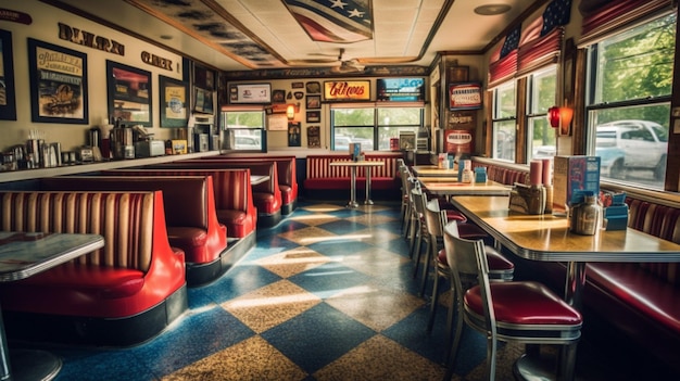 A diner with a checkered floor and a red and blue checkered floor.