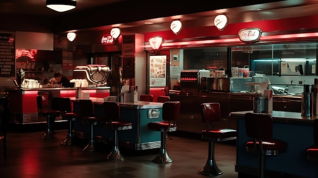 A diner with a coca cola logo on the wall