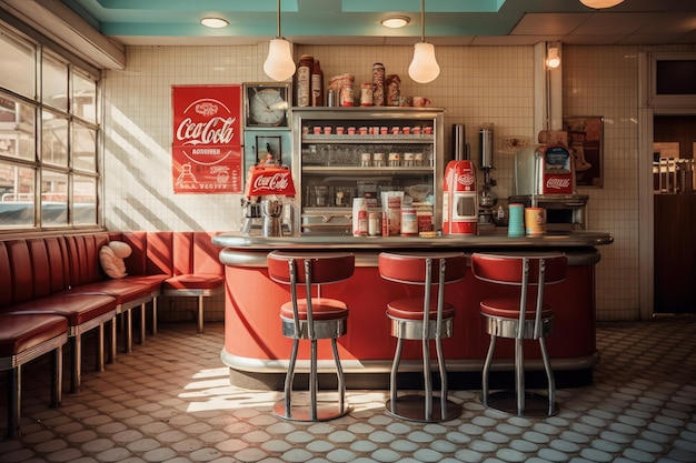 A diner with red booths and red chairs