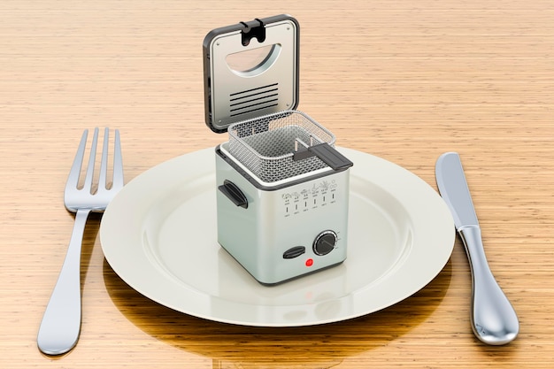 Dinerbord met friteuse 3D-rendering