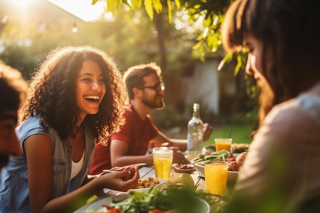 Dinertafel in de achtertuin met heerlijke gegrilde vlees verse groenten en salades Gelukkige mensen die vreugdevol dansen op de muziek